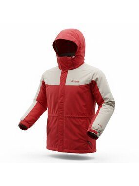 Columbia Womens Red White Windbreaker Jacket Hooded Size L Zipper Outdoor